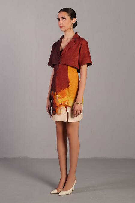 Clos_Brown V-, Notched And Ochre Designer Dress With Jacket _Online_at_Aza_Fashions