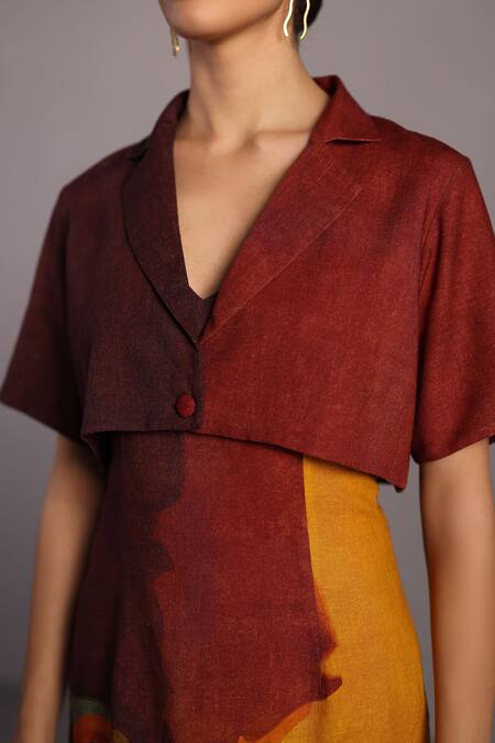 Buy_Clos_Brown V-, Notched And Ochre Designer Dress With Jacket _Online_at_Aza_Fashions