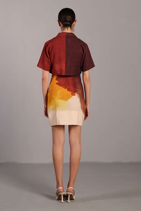 Shop_Clos_Brown V-, Notched And Ochre Designer Dress With Jacket _at_Aza_Fashions