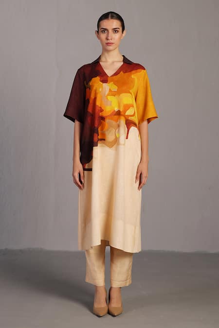 Clos Brown V-neck And Ochre Korean Linen Kurta Pant Set 