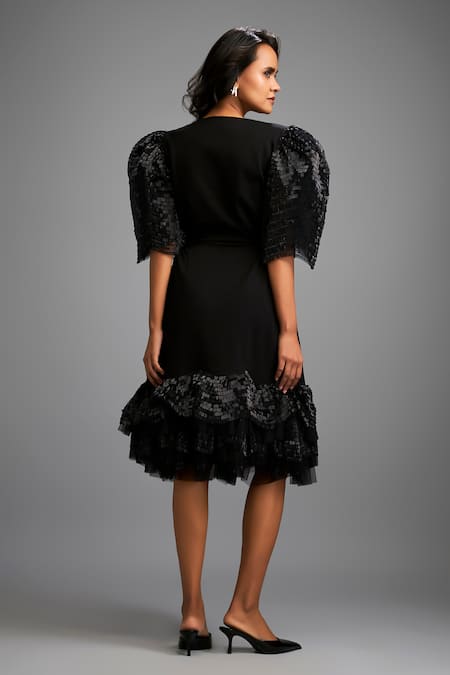 Deepika Arora Black Shimmer Sleeve Midi Dress 