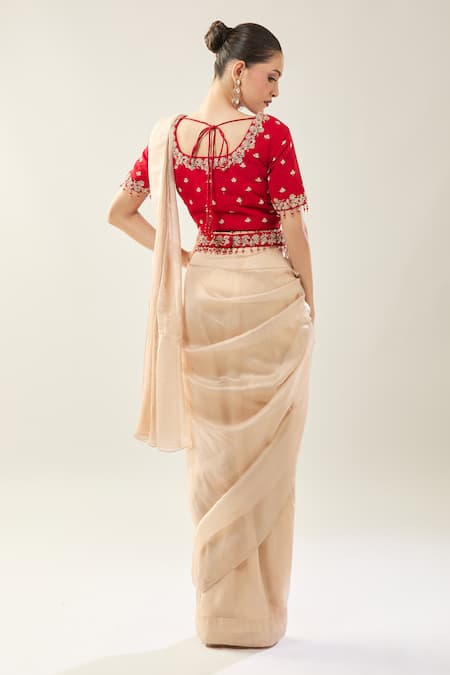 Shop_Samyukta Singhania_Beige Viscose Embroidery Square Neck Pre-draped Saree Set With Red Blouse _at_Aza_Fashions