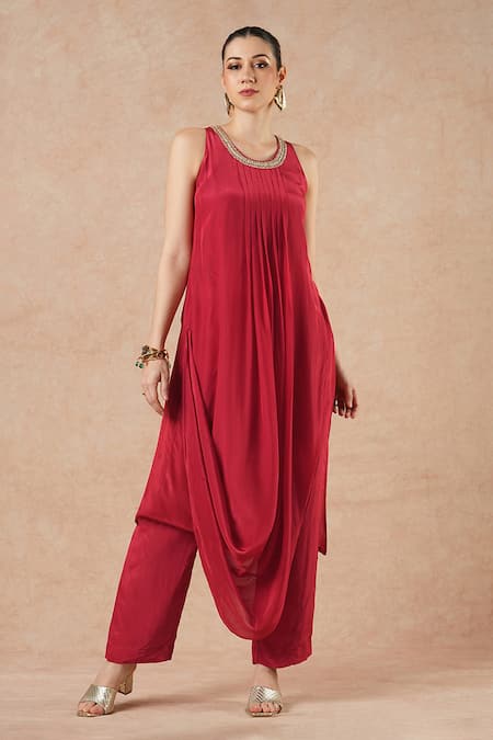 Dori & CO. Red Silk Embroidery Round Neck Ruby Metal Hand Kurta Set 