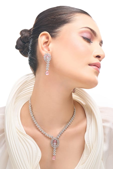 Buy_Nazaakat By Samara Singh_Pink American Diamond Necklace And Earring Set 