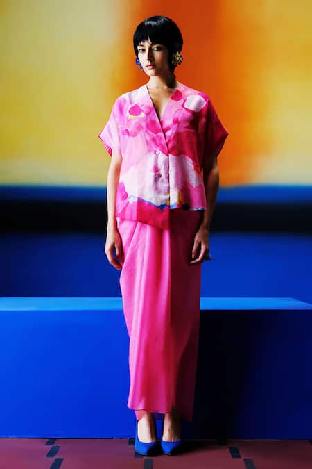 Clos Blush Pink Linen Silk Kurta & Dhoti Skirt 