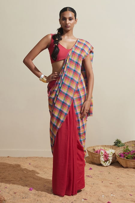 Dressfolk Multi Check Cotton Saree With Blouse 
