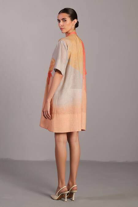 Shop Clos Peach Round Neck And Grey Korean Linen Dress Shop_Clos_Peach Round Neck And Grey Korean Linen Dress