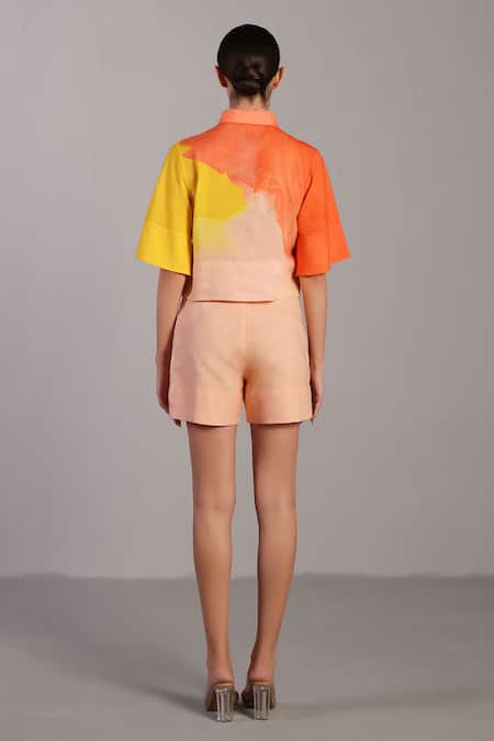 Clos Bright Orange & Yellow Crop Top & Shorts Set 