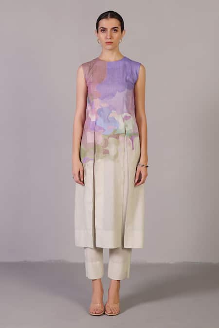 Clos Multi Color Linen Round Neck Pastel Multicolor Designer Kurta And Pant Set 