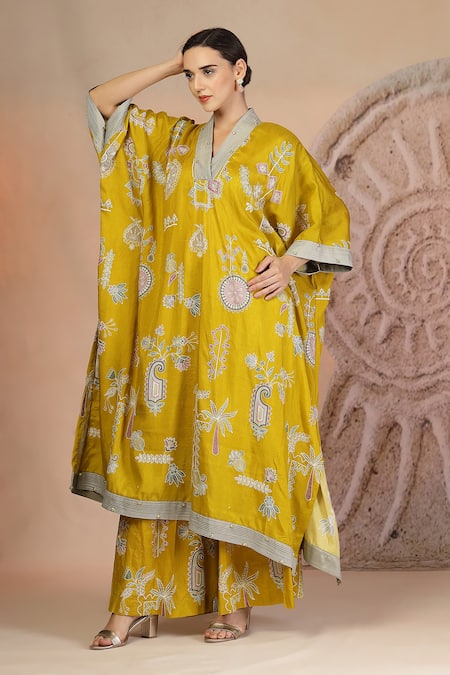 Soniya G_Mustard Embroidery V-neck Yellow Kaftan And Wide Legged Pant Set_Online_at_Aza_Fashions