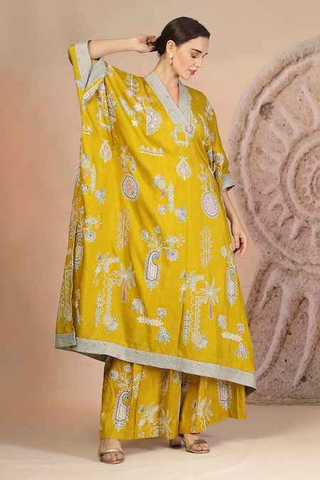 Buy_Soniya G_Mustard Embroidery V-neck Yellow Kaftan And Wide Legged Pant Set_Online_at_Aza_Fashions