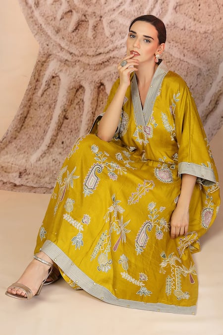 Shop_Soniya G_Mustard Embroidery V-neck Yellow Kaftan And Wide Legged Pant Set_Online_at_Aza_Fashions