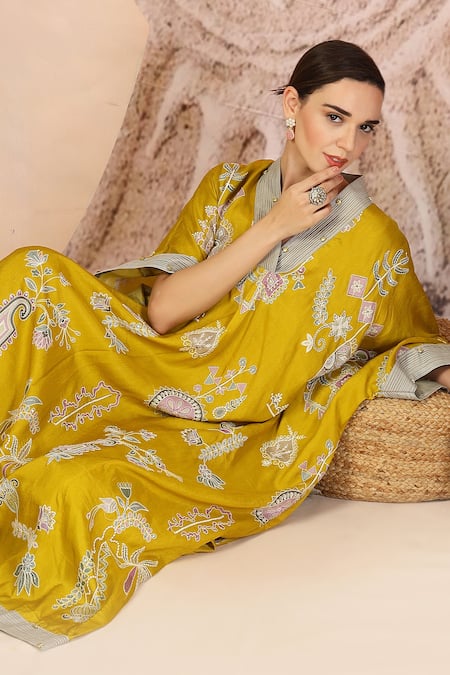 Soniya G_Mustard Embroidery V-neck Yellow Kaftan And Wide Legged Pant Set_at_Aza_Fashions