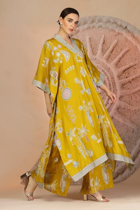 Buy_Soniya G_Mustard Embroidery V-neck Yellow Kaftan And Wide Legged Pant Set
