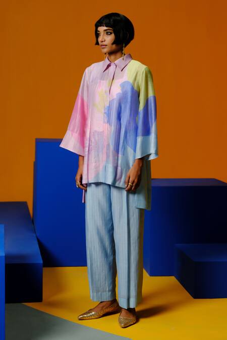 Clos_Pink Linen, Silk Collared Designer Shirt Tunic And Pant Set _at_Aza_Fashions