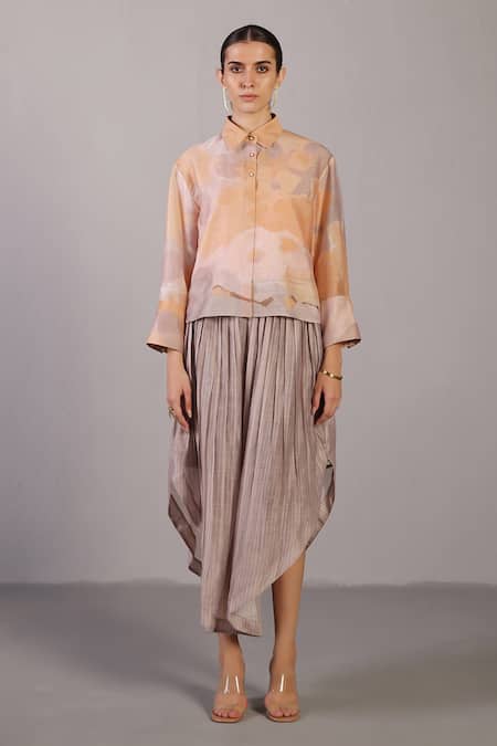 Clos Orange Linen, Silk Collared Soft Grey And Designer Shirt Pant Set 