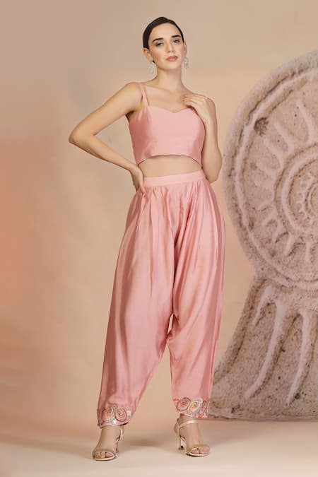 Buy_Soniya G_Pink Muslin, Silk Embroidery Round Neck Powder Designer Cape Set 