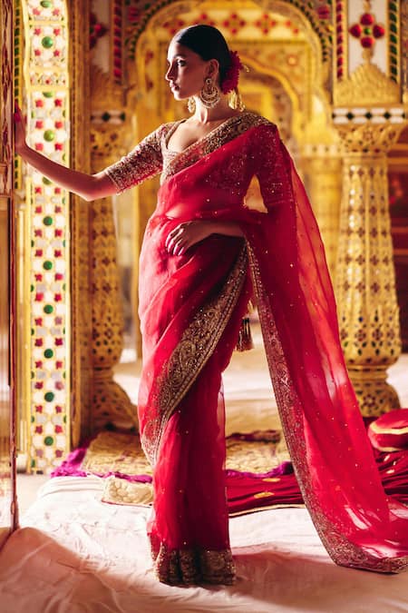 Surily G Red Silk Zari Round Neck Zardosi Embroidered Blouse 