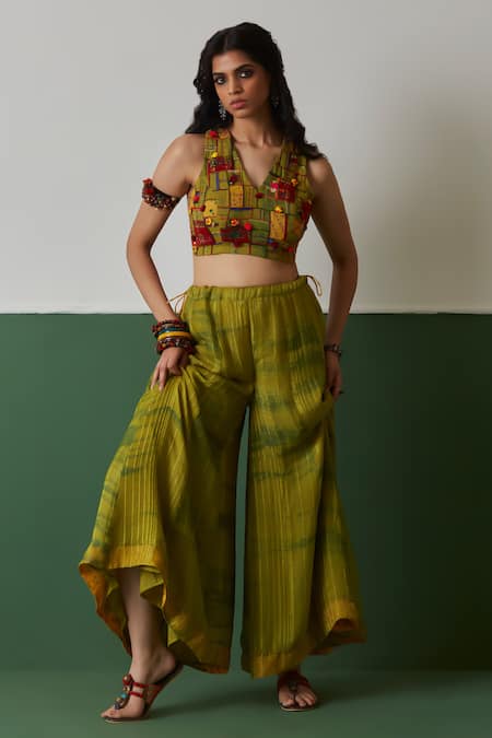Medha Green Cotton, Chiffon Embroidery, Beads V-neck Neon Blouse And Palazzo Set 