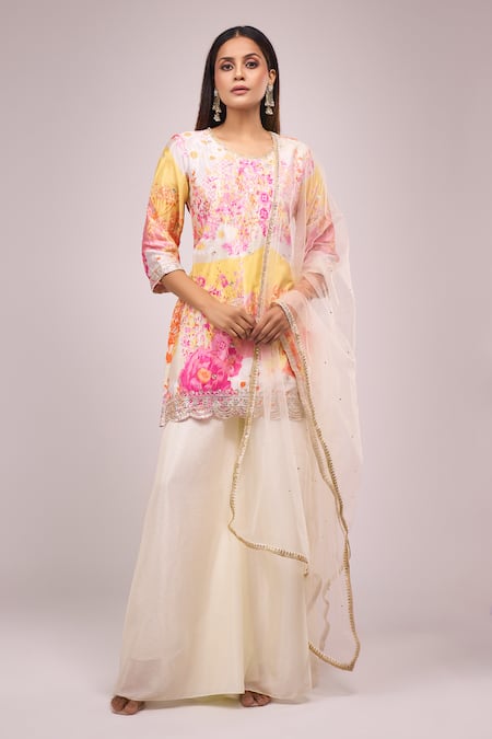 Buy Samyukta Singhania White Chinon, Silk Embroidery, Sequins Round Neck Floral Kurta Palazzo Set Buy_Samyukta Singhania_White Chinon, Silk Embroidery, Sequins Round Neck Floral Kurta Palazzo Set