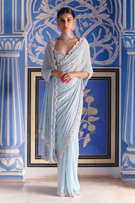Surily G Blue Georgette Pearls, Stones Saree With Work 