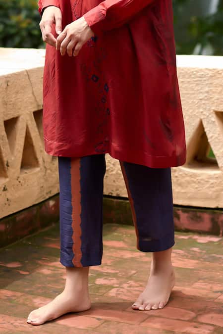 Buy_Medha_Orange Silk, Cotton Embroidery, Beads Round Neck Tunic And Pant Set _Online_at_Aza_Fashions