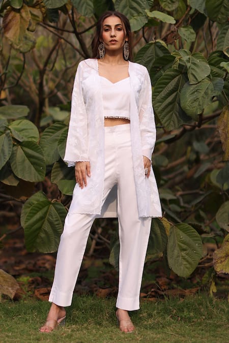 Nazar By Indu White Cotton, Organza Embroidery Open , Square Designer Set 