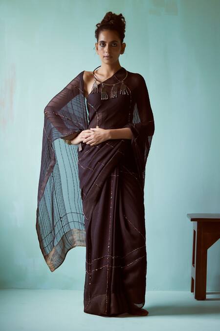 Medha_Black Chiffon Embroidery Textured Striped Saree _Online_at_Aza_Fashions
