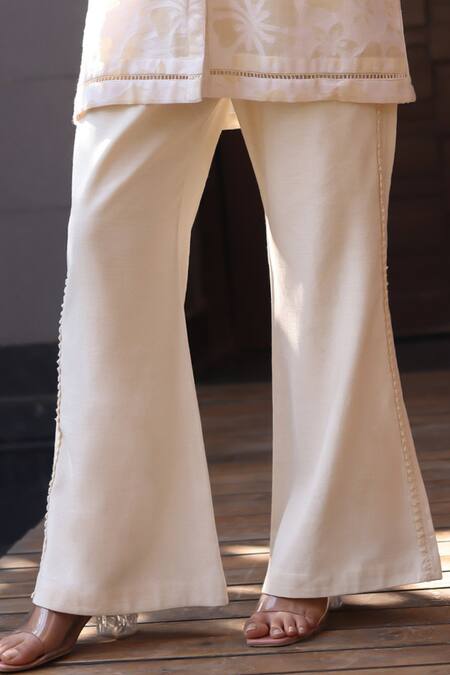 Nazar By Indu_Ivory Cotton, Jacquard Embroidery Collared 2 Piece Set _Online_at_Aza_Fashions