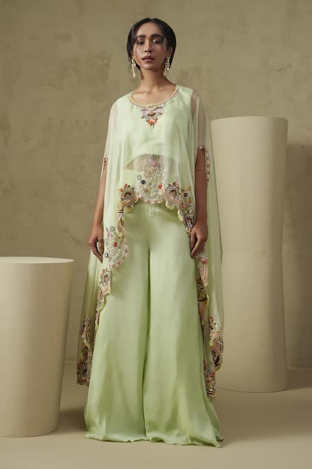 Kesar Studio Green Silk, Organza Embroidery Round Neck Butterfly Cape Set 