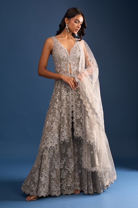 Seema Gujral Silver High-Low Kurta Sharara Set 