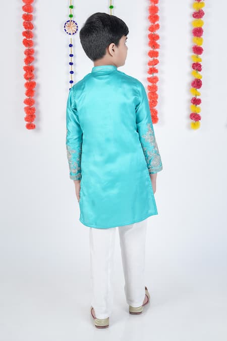 Little Brats Peacock Green Embroidered Kurta Set 