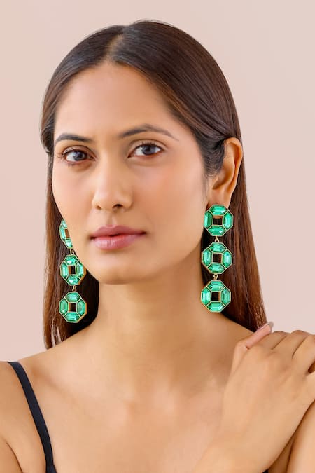 Shop Bblingg Green Crystals Emerald Danglers at Aza Fashions Shop_Bblingg_Green Crystals Emerald Danglers _at_Aza_Fashions