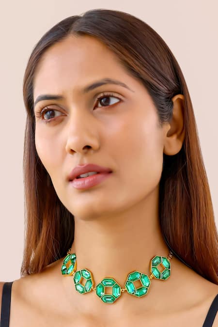 Shop Bblingg Green Emerald Crystal Necklace Set at Aza Fashions Shop_Bblingg_Green Emerald Crystal Necklace Set _at_Aza_Fashions