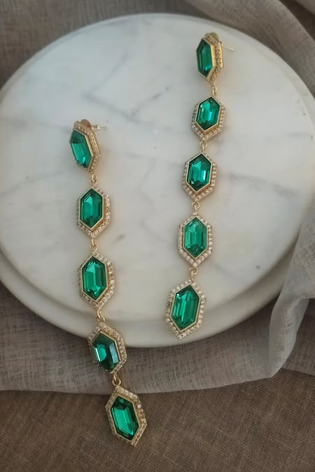 Shop Bblingg Green Crystals Emerald Danglers at Aza Fashions Shop_Bblingg_Green Crystals Emerald Danglers _at_Aza_Fashions