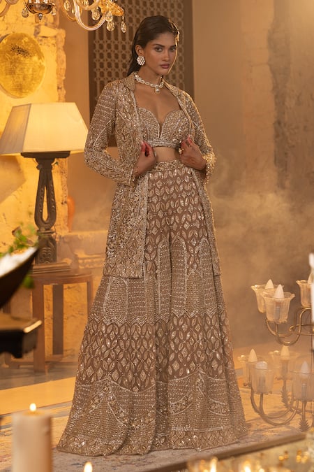 House Of Sikka_Beige Net Sequins, Embroidery Sweetheart , Open Designer Sharara Set _Online_at_Aza_Fashions