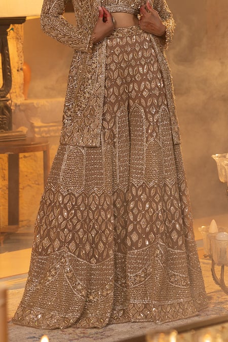 Buy_House Of Sikka_Beige Net Sequins, Embroidery Sweetheart , Open Designer Sharara Set _Online_at_Aza_Fashions