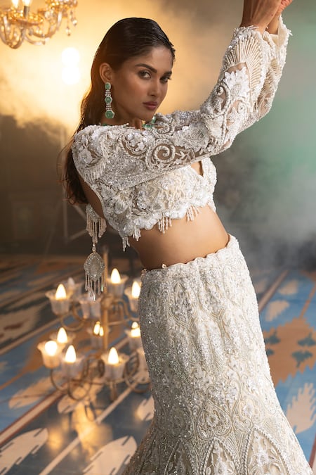 House Of Sikka_Ivory Net Beads, Sequins, Embroidery Plunge Neck Fish Cut Lehenga Set _Online_at_Aza_Fashions
