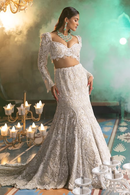 House Of Sikka Ivory Net Beads, Sequins, Embroidery Plunge Neck Fish Cut Lehenga Set 