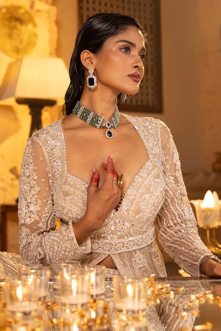 House Of Sikka_Ivory Net Embroidery, Sequins V-neck Designer Anarkali Set _Online_at_Aza_Fashions
