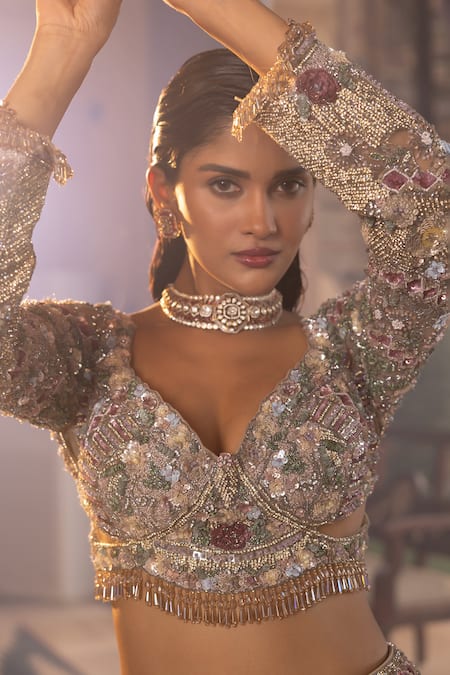 Buy_House Of Sikka_Multi Color Net Sequins, Beads, Embroidery Multi-colour Designer Lehenga Set _Online_at_Aza_Fashions