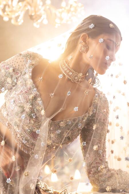 Shop_House Of Sikka_Multi Color Net Sequins, Beads, Embroidery Multi-colour Designer Lehenga Set _Online_at_Aza_Fashions