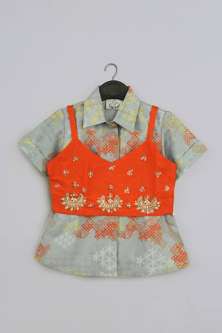 Buy_Little Brats_Gray Cotton, Silk Embroidery Grey And Orange Shirt Set _Online_at_Aza_Fashions