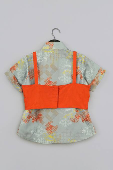 Shop_Little Brats_Gray Cotton, Silk Embroidery Grey And Orange Shirt Set _Online_at_Aza_Fashions