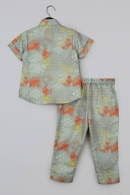 Buy_Little Brats_Gray Cotton, Silk Embroidery Grey And Orange Shirt Set 