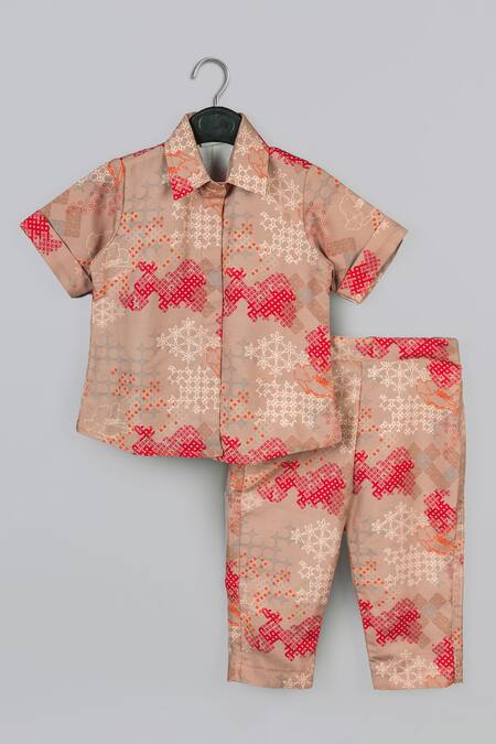 Little Brats_Beige Cotton, Silk Embroidery And Red Shirt Set _Online_at_Aza_Fashions