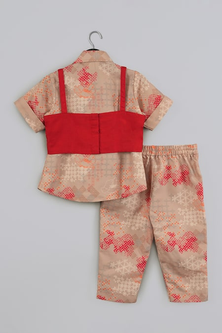 Little Brats Beige and Red Embroidered Shirt Set 