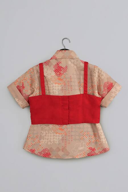 Shop_Little Brats_Beige Cotton, Silk Embroidery And Red Shirt Set _Online_at_Aza_Fashions