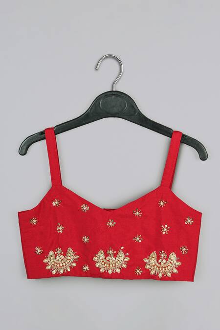 Little Brats_Beige Cotton, Silk Embroidery And Red Shirt Set _at_Aza_Fashions