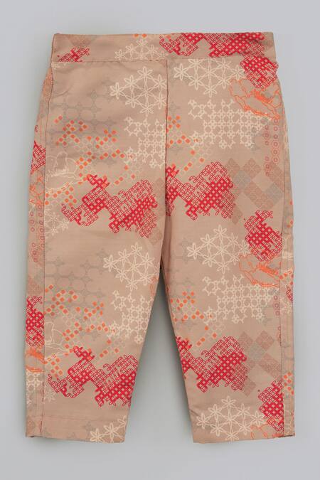 Shop_Little Brats_Beige Cotton, Silk Embroidery And Red Shirt Set 